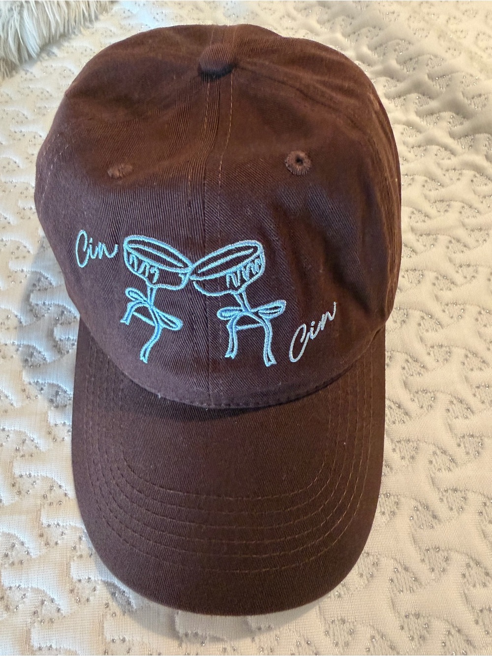 Anthropologie Brown Cap with Light Blue Embroidery
